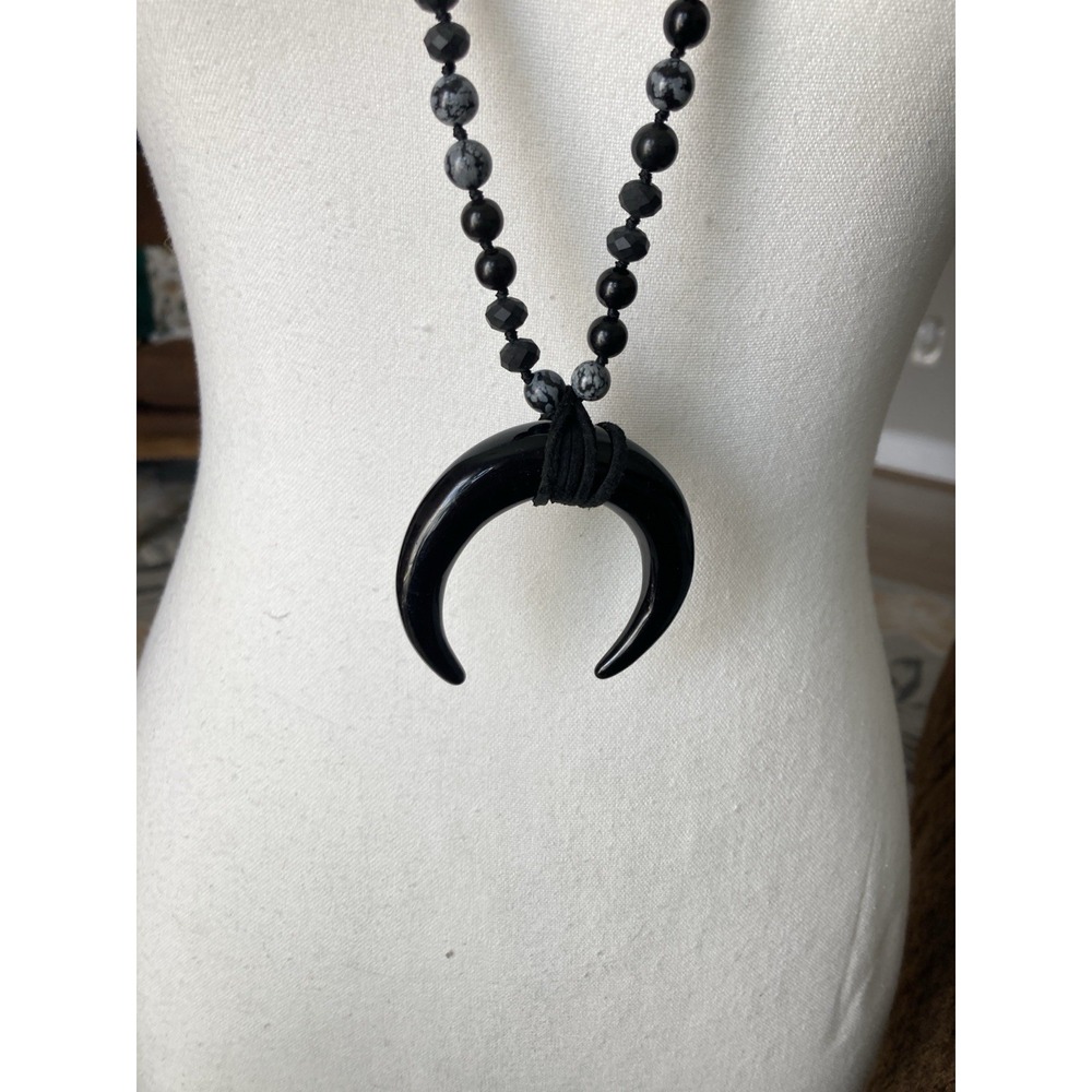 Black Crescent Horn Pendant Necklace Beaded Long Gothic Statement Celestial